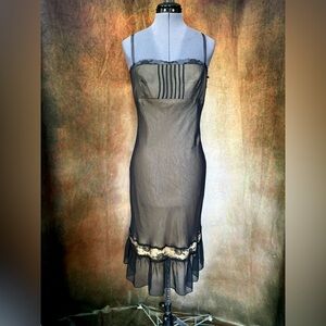 Sz 6 1990’s Grunge Slip Dress Black Sheer Nude Lace Ruffle Tank Midi Y2K Mesh